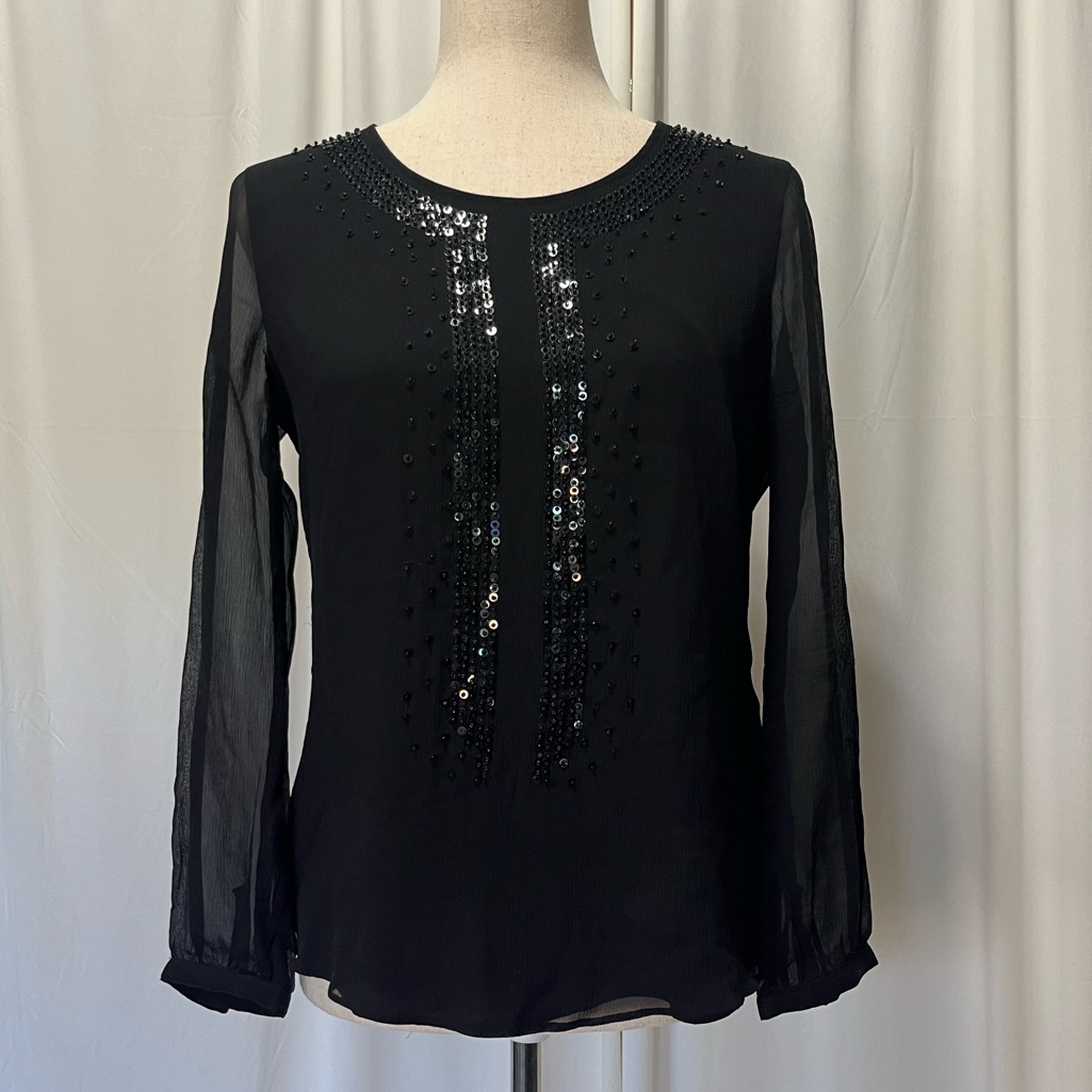 Vineyard Vines Black Sequin Top With Sheer Sleeves Size 2